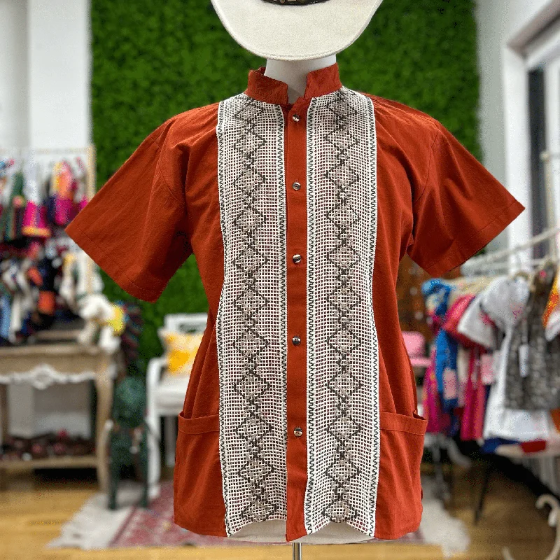 men's boho shirts-Men's Burnt Orange Guayabera - Geometric Trim