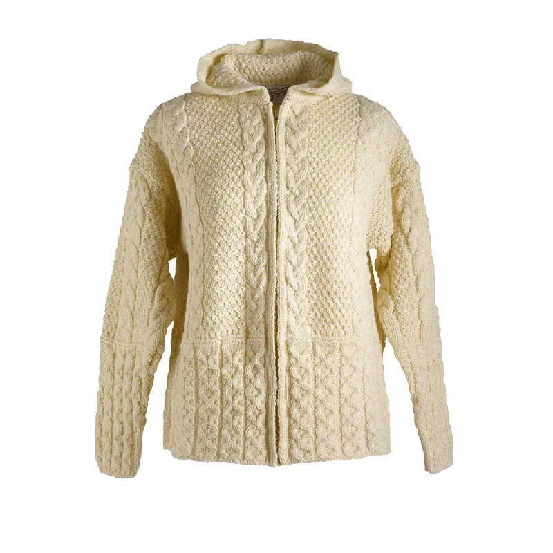 men's seamless sweaters-Hooded Zip Aran Cardigan Natural