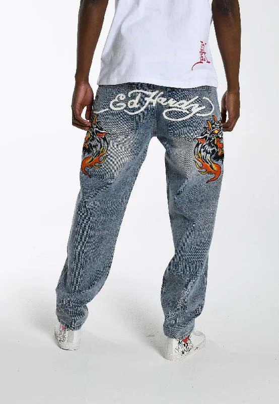 men's slim jeans-Mens Hell-Cats Tattoo Graphic Denim Trousers Jeans - Bleach