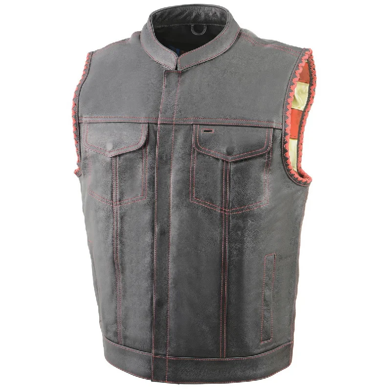 men's safety work vests-Milwaukee Leather MLM3506 Men's Black Premium Leather Vest - Old Glory Laced Armholes Red Stitching Club Style Vest