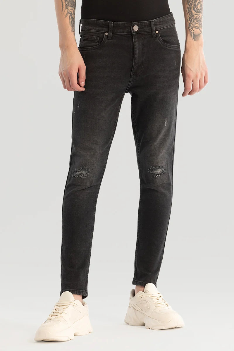 men's stylish pants-Charcoal Grey Distressed Skinny Fit Jeans