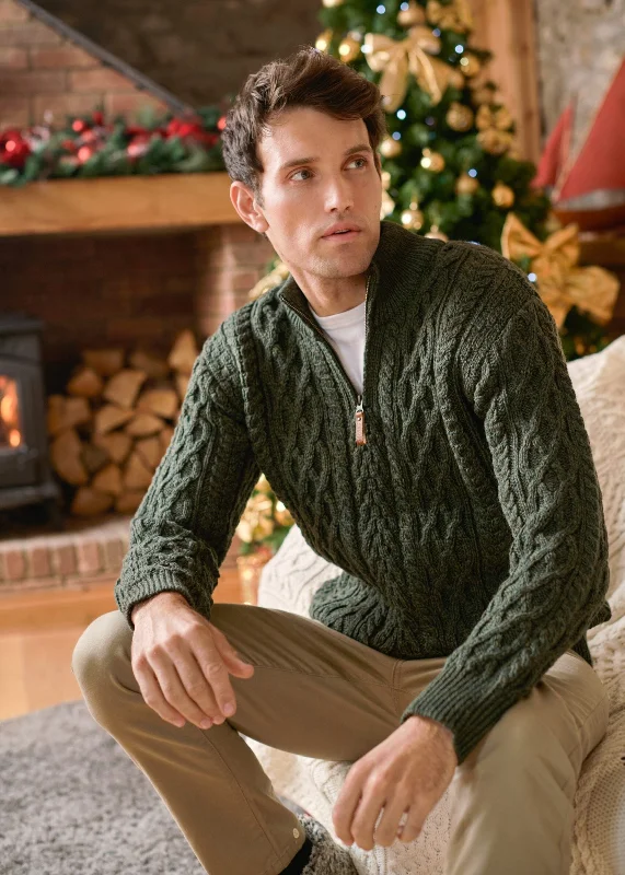 men's streetwear sweaters-Aran Crafts Men's Half Zip Sweater | Green