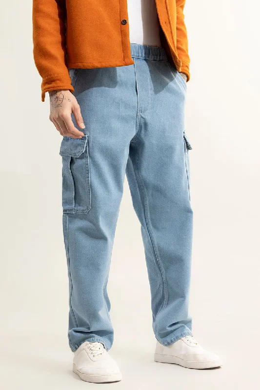 men's modern pants-Pull On Sky Blue Baggy Fit Jeans