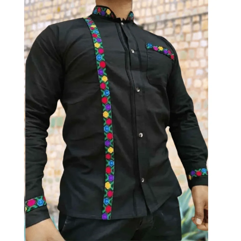 men's performance shirts-Men's Guayabera Shirt Long Sleeve Cross-Stitch Daisy