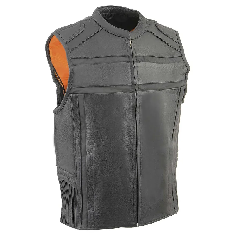 men's solid color vests-Milwaukee Leather MLM3560 Men's Black Leather Vest - Reflective Piping Elasticized Waist Open Neck Motorcycle Vest