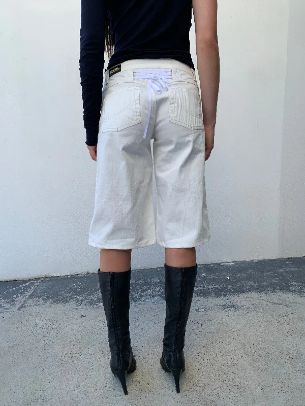 men's dress pants-Corset Baggy Shorts. Low Rise. White Canvas