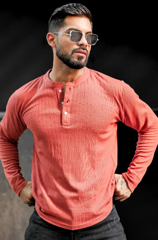 men's wardrobe essential t-shirts-Rust Self Design Henley Neck T-Shirt