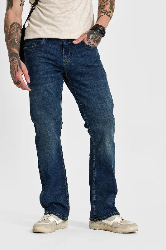 men's cotton pants-Dark Blue Bootcut Jeans