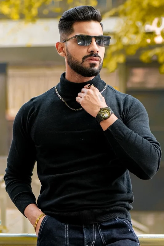 men's crew neck sweaters-Black High Neck Sweater