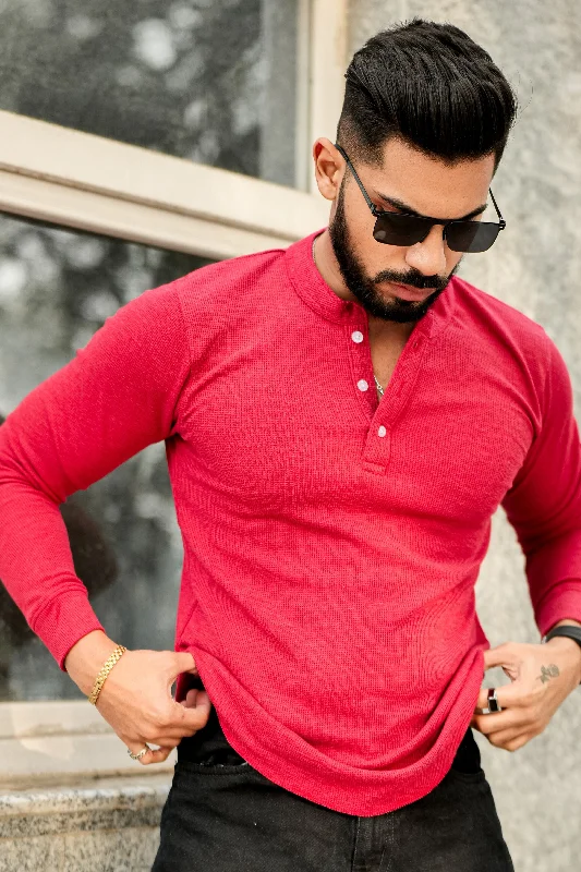 men's gym t-shirts-Red Self Waffle Knit Henley T-Shirt