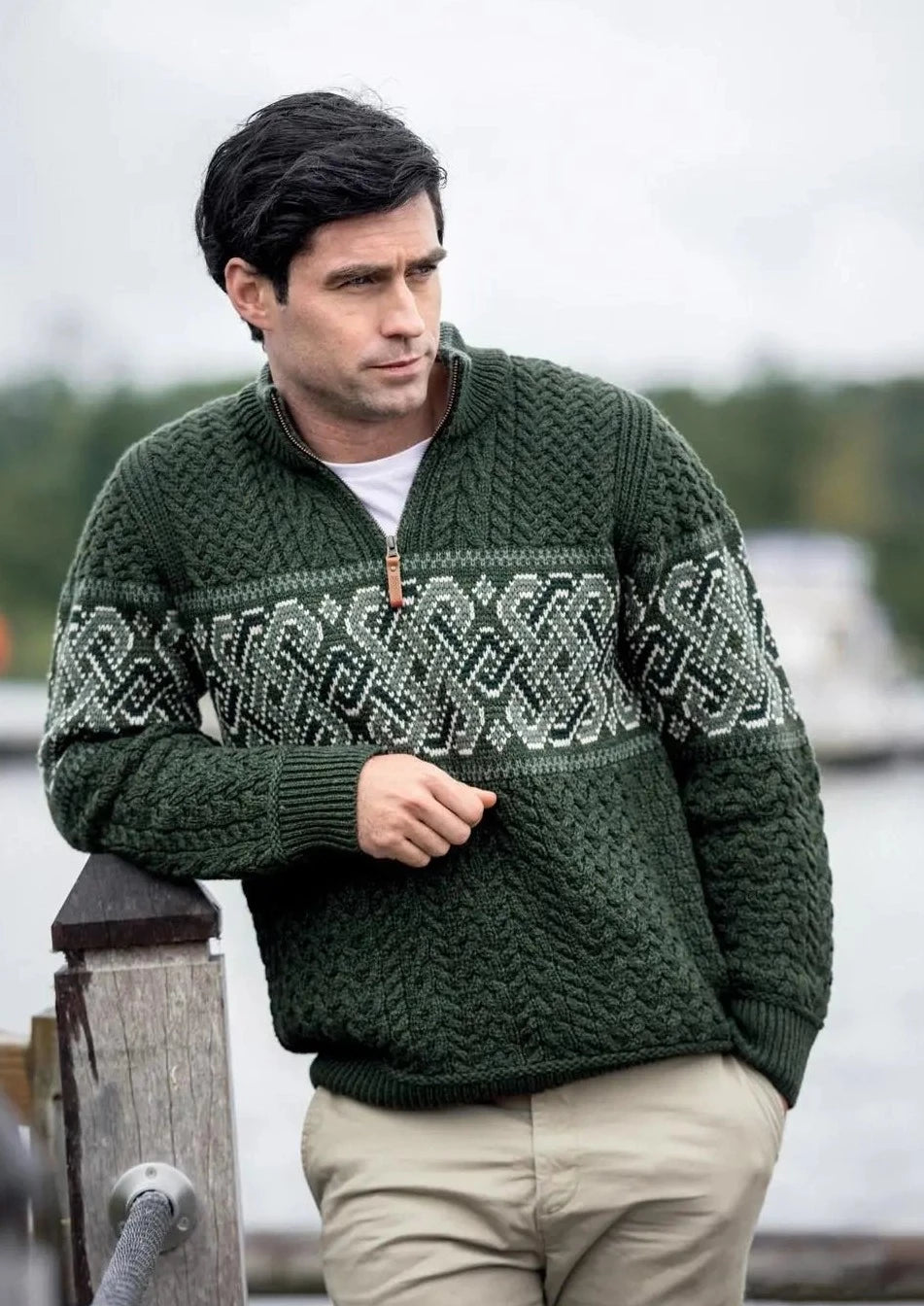 men's modern sweaters-Aran Crafts Celtic Jacquard Zip Sweater | Green