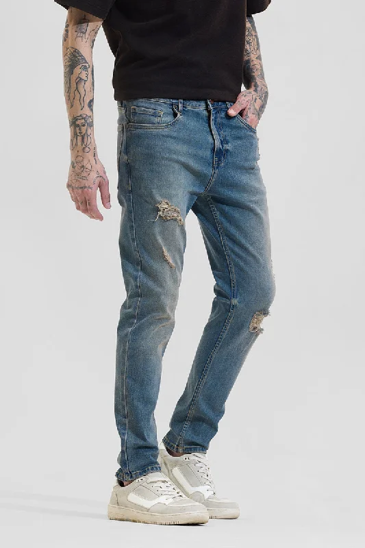 men's versatile pants-Blue Slim Fit Distressed Jeans