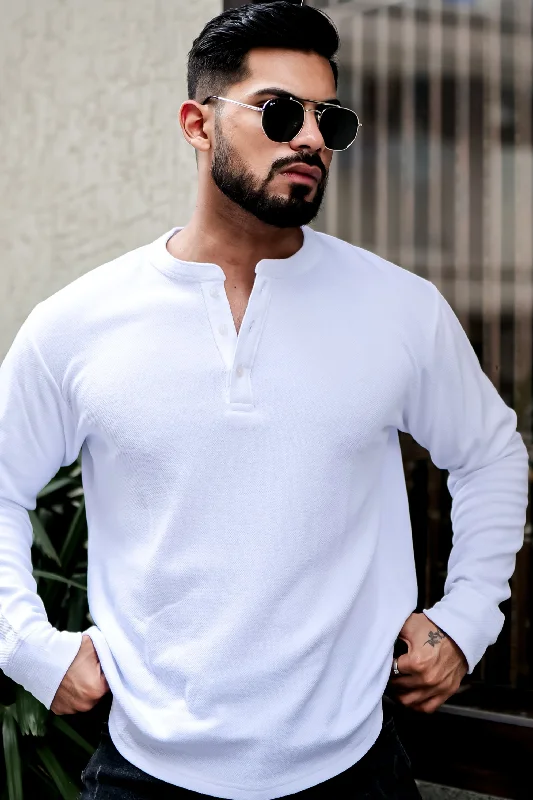 men's logo t-shirts-White Textured Henley Neck T-Shirt