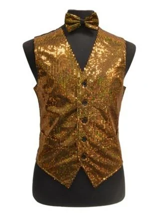 men's adventure vests-Men's Gold Sequined Vest with Bow Tie