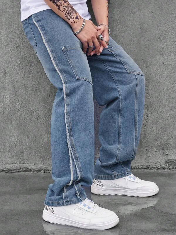 men's comfortable fit trousers-Not Your Pocket Picker Contrast Tap Baggy Jeans