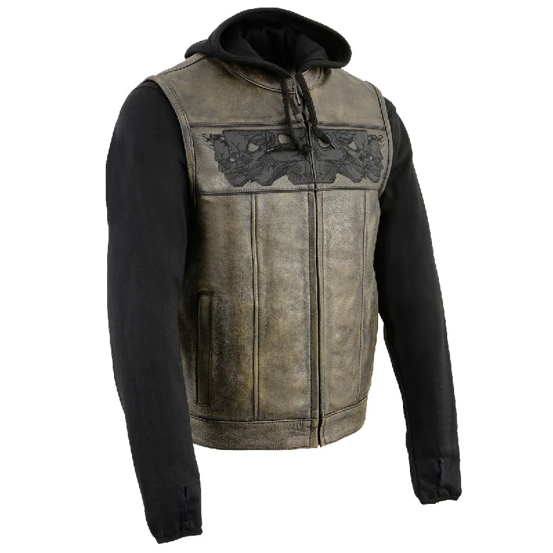 men's affordable vests-Milwaukee Leather MLM3561 Men's Leather Vest w/ Removeable Hoodie- Distress Brown Reflective Skulls Motorcycle Vest