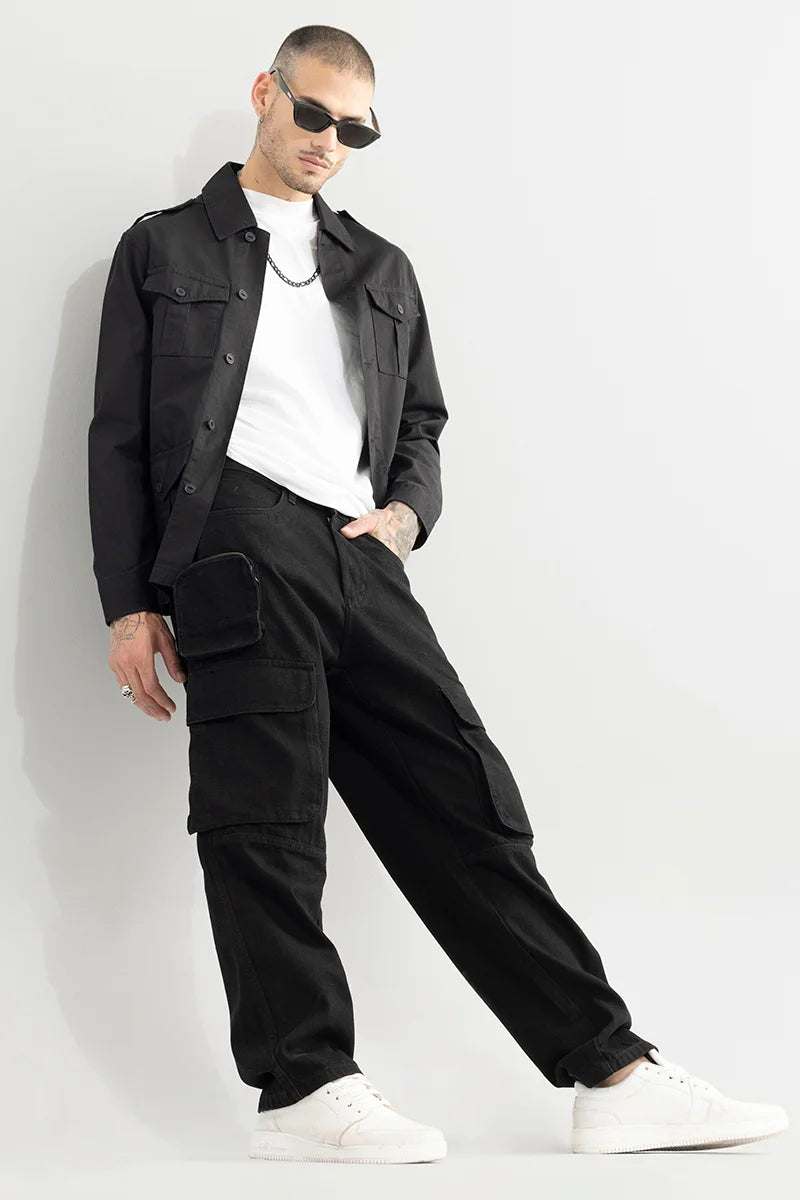 men's cargo pants-Vogue Black Utility Baggy Fit Jeans