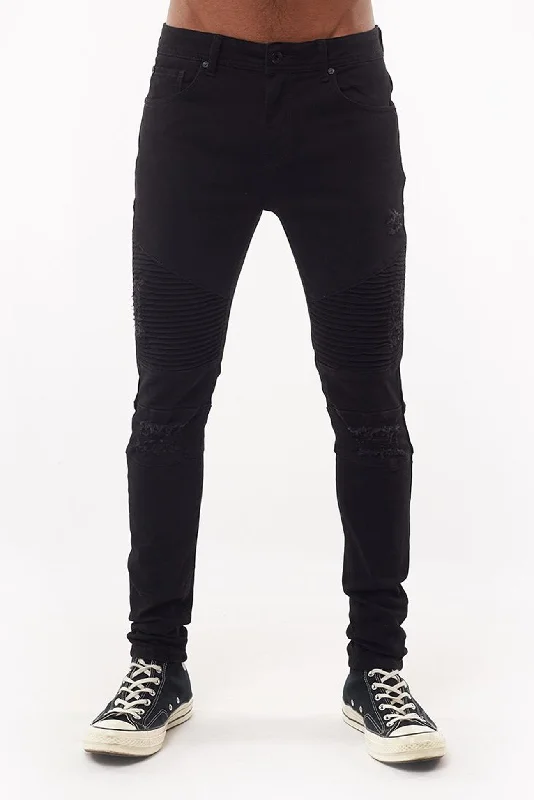 men's bootcut jeans-Strung Out Moto Jean Black