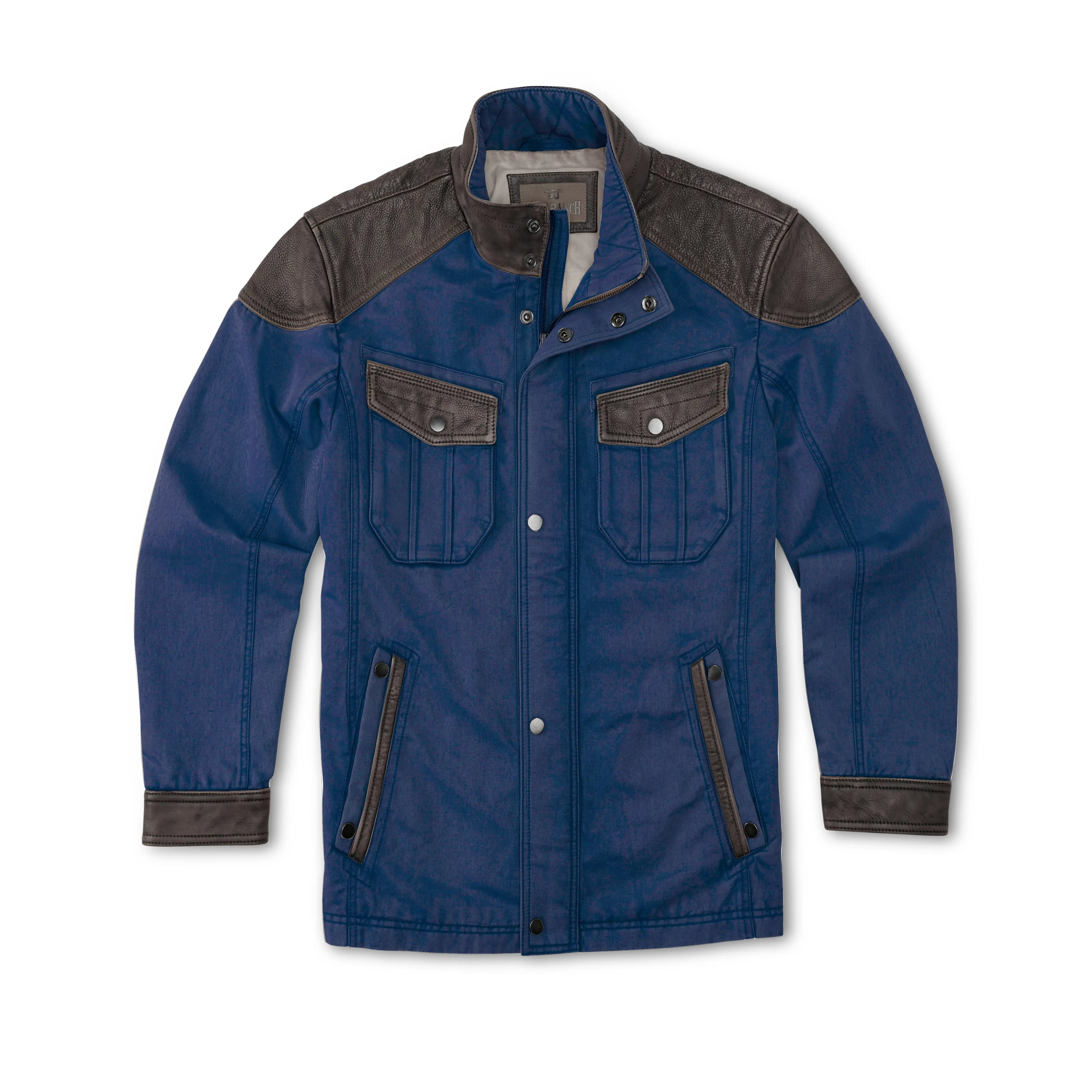 men's athletic jackets-Men's Navy Canvas & Leather Jacket