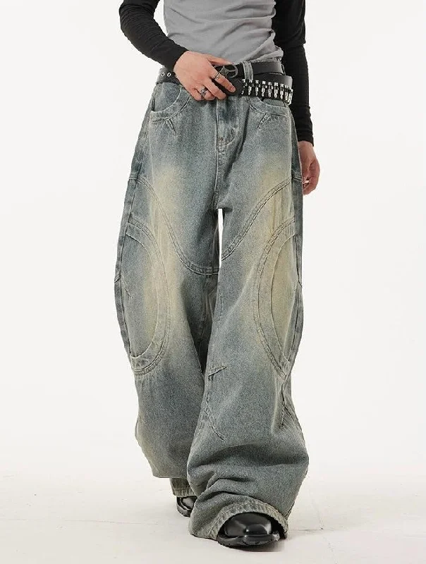 men's gym trousers-Washed Curved Stitches Wide Leg Jeans