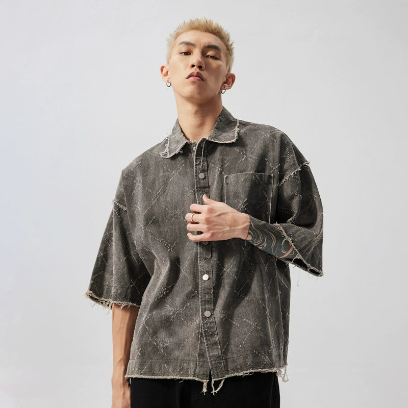 men's tailored shirts-Distressed  Crosshatch Button-Up Overshirt with Frayed Hem