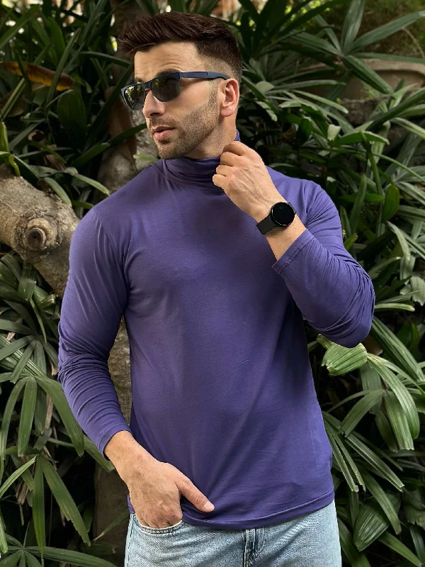 men's hiking t-shirts-Purple Cotton Stretch High Neck T-Shirt