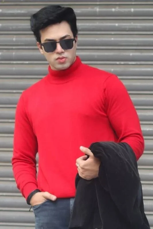 men's half-zip sweaters-Red High Neck Sweater