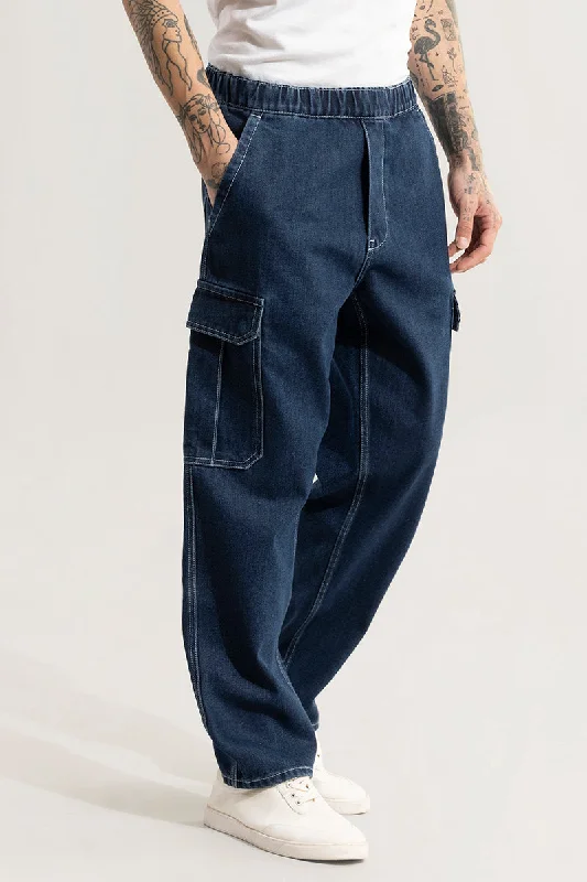 men's classic trousers-Pull On Denim Blue Baggy Fit Jeans