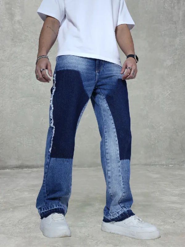 men's windproof trousers-Watch Out Blue Stitched Loose Straight Fit Leg Denim