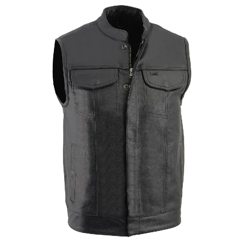 men's comfortable vests-Milwaukee Leather LKM3710 Men's Black Leather Club Style Motorcycle Rider Vest W/ Dual Closure Zipper and Snaps