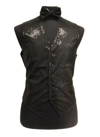 men's training vests-Men's Black Sequined Vest with Bow Tie