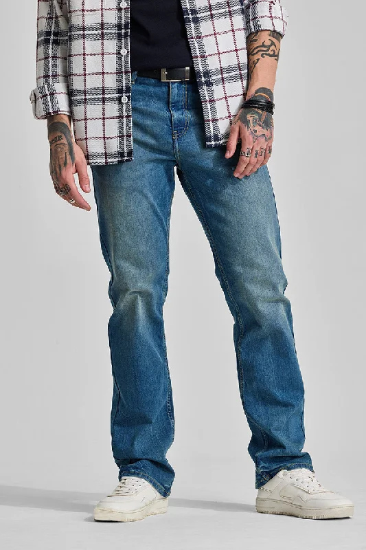 men's casual pants-Blue Washed Straight Fit Jeans