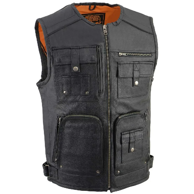 men's water-resistant vests-Milwaukee Leather MLM3580 Men's Black ‘Super Utility-Multi Pocket Vest’ Motorcycle Biker Leather Vest