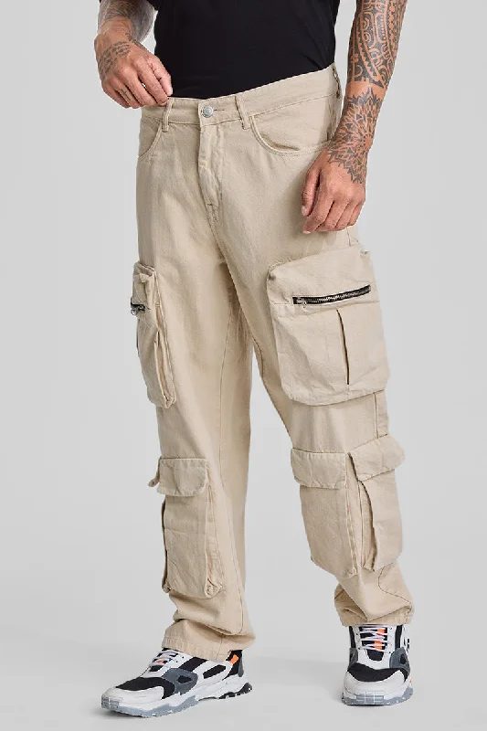 men's slim jeans-Beige Baggy Fit Cargo Jeans