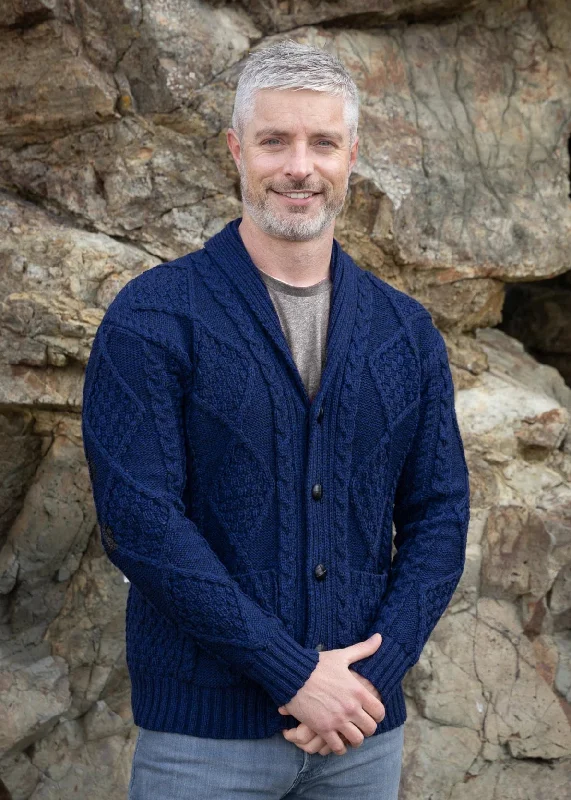 men's knit sweaters-Aran Men's Shawl Button Cardigan | Blue