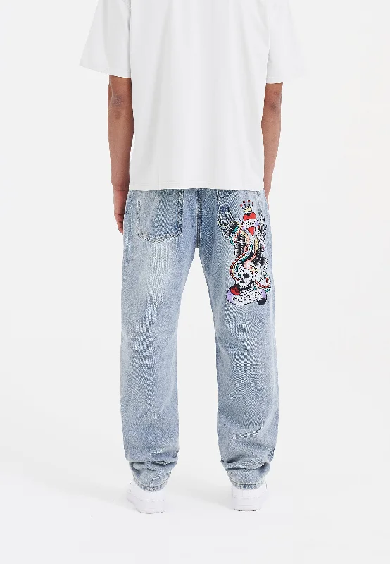 men's skinny pants-Mens Nyc-Skull Tattoo Graphic Denim Trousers Jeans - Bleach