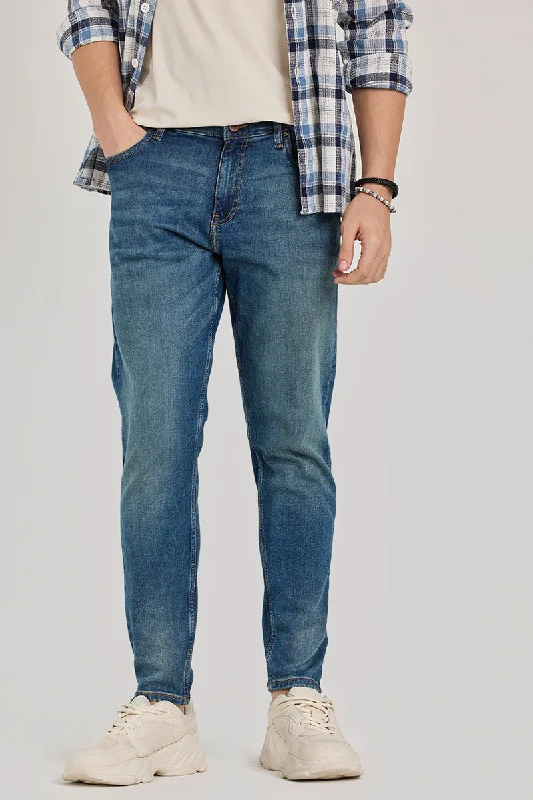 men's high quality pants-Denim Blue Tapered Fit Jeans