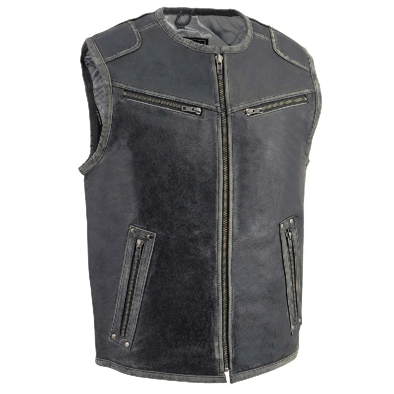 men's elegant vests-Milwaukee Leather MLM3536 Men's Vintage Leather Vest- Distressed Grey Front Zipper Collarless Motorcycle Rider Vest