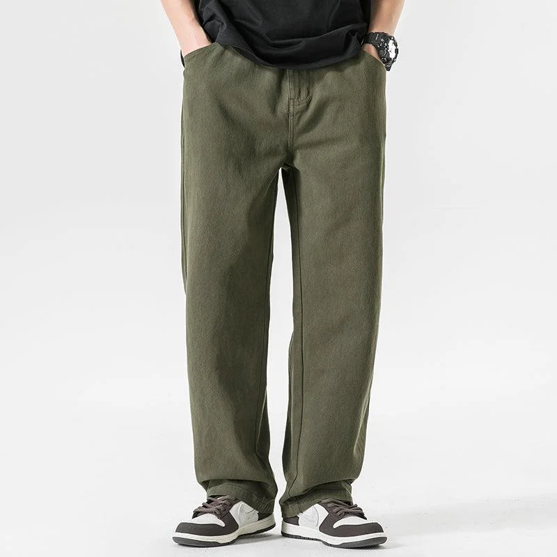 men's camping trousers-Army Green Baggy Fit Straight Leg Jeans