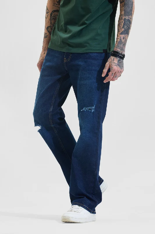 men's solid color pants-Blue Bootcut Distressed Jeans