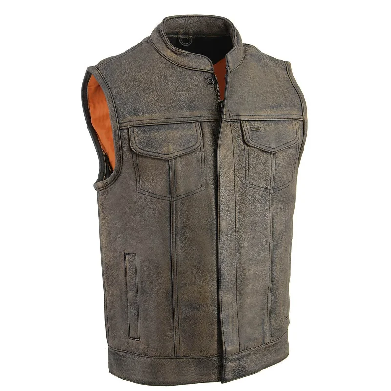 men's UV protection vests-Milwaukee Leather MLM3510 Men's Black/Beige Premium Leather Club Style Vest - Dual Closure Open Neck Motorcycle Vest