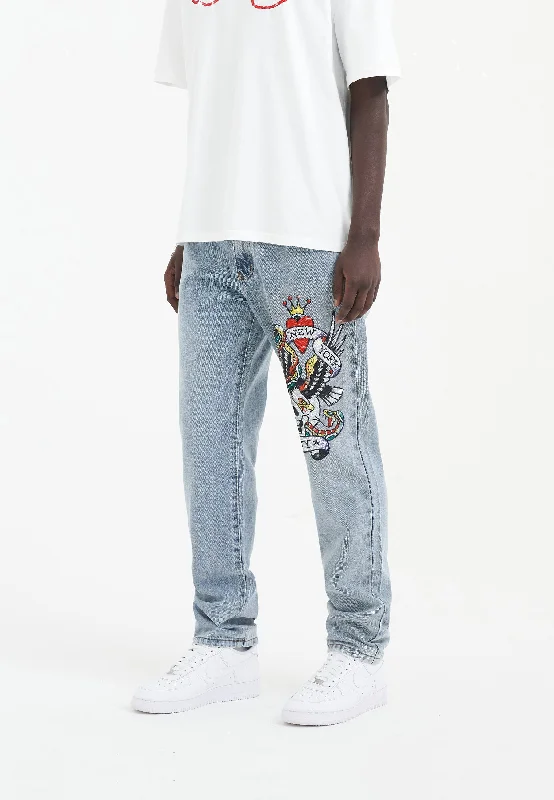 men's cotton pants-Mens Nyc-Skull Diamante Denim Trousers Jeans - Bleach