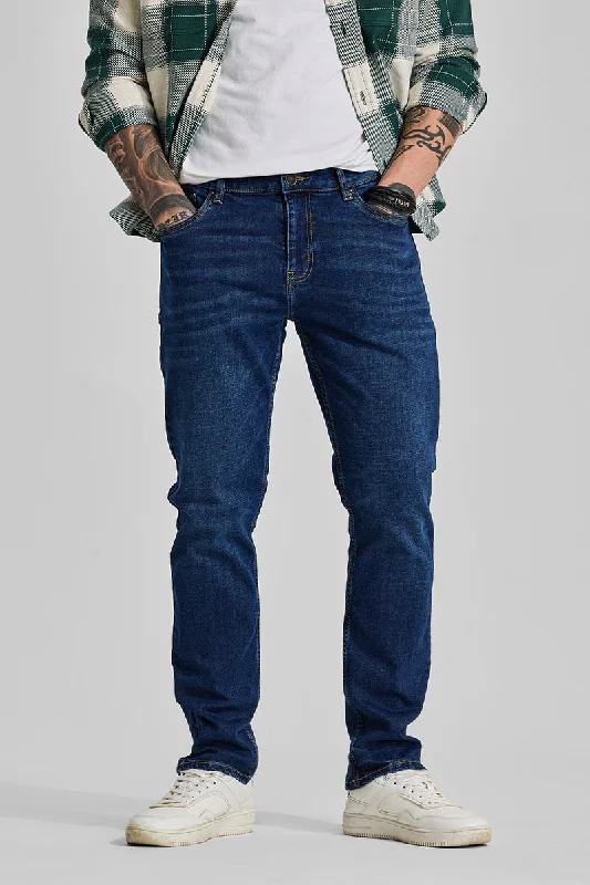 men's work pants-Dark Blue Straight Fit Jeans