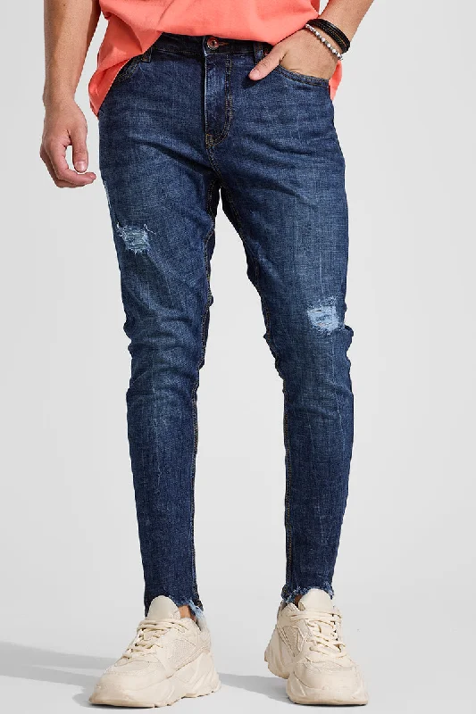 men's stylish fit pants-Dark Blue Distressed Skinny Fit Jeans