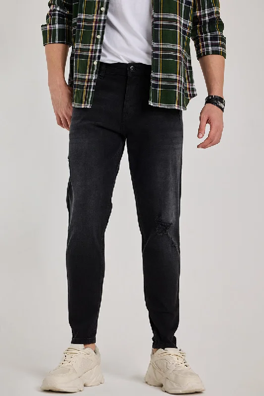 men's high rise pants-Black Distressed Tapered Fit Jeans