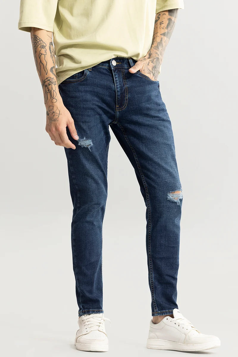 men's solid color pants-Ripple Mid Blue Skinny Jeans